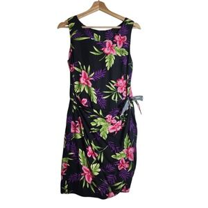 Two Palms Hawaii Womens Rayon Tropical Floral Side Tie Sheath Dress Black Pink M
